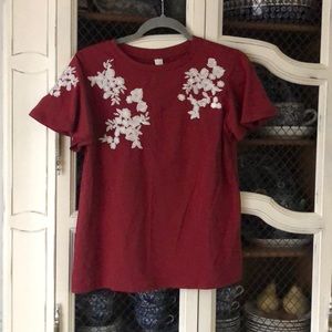 Dark red flutter sleeve embroidered Tee